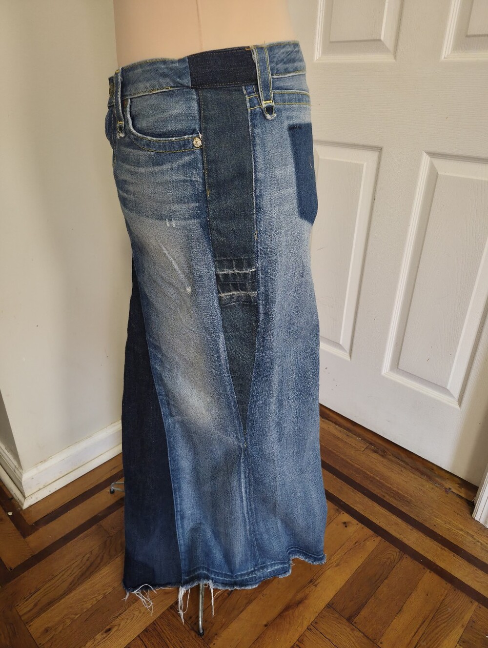 Vintage Y2K True Religion Patchwork Denim Maxi Mermaid Skirt Made USA Size 29 - Picture 2 of 10
